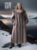 Full-length raccoon fur coat with V-neck styling, long sleeves, and fluffy collar.
