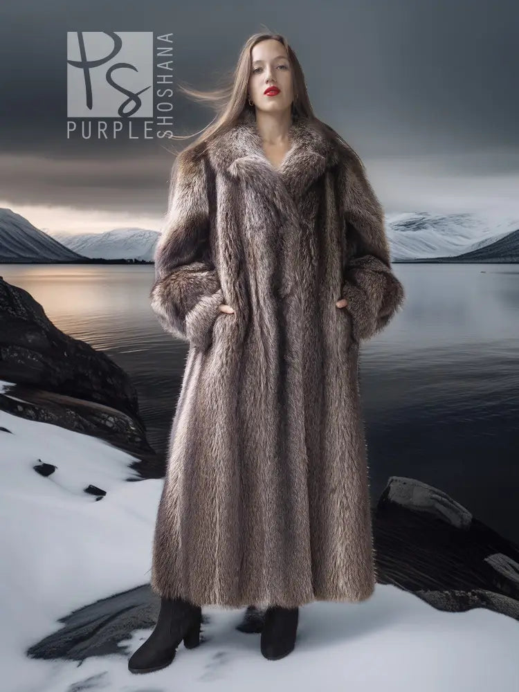 Full-length raccoon fur coat with V-neck styling, long sleeves, and fluffy collar.