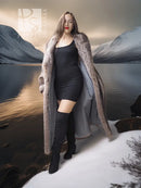 Hooded full-length raccoon fur coat with open front and long sleeves