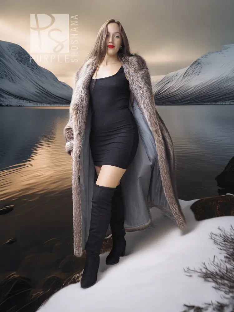 Hooded full-length raccoon fur coat with open front and long sleeves