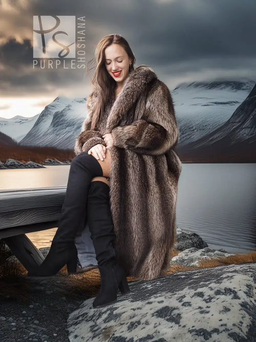 Full-length hooded raccoon fur coat with wide collar and cuffs, long sleeves