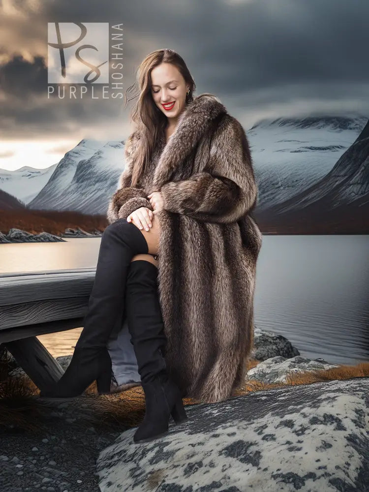 Full-length hooded raccoon fur coat with wide collar and cuffs, long sleeves