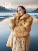 Tan-golden faux fox fur swing coat with plush collar; close-up front view, long sleeves