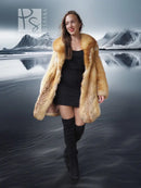 Golden fox-fur swing jacket with open front and long sleeves