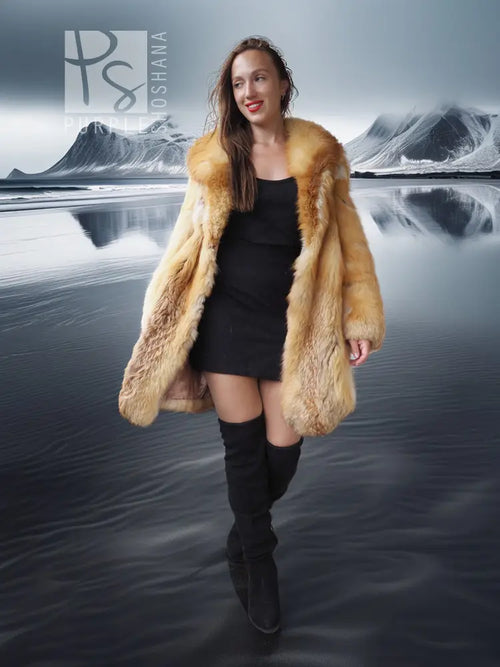 Golden fox-fur swing jacket with open front and long sleeves