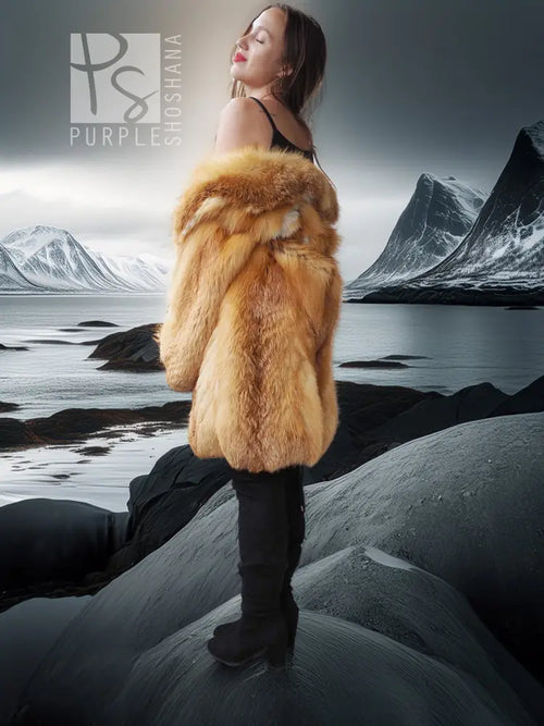 Tan-golden faux fox fur swing coat, short stand collar, full sleeves; worn with black boots