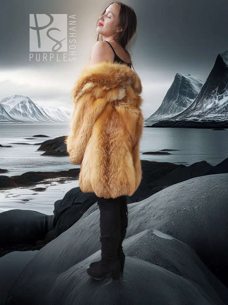 Tan-golden faux fox fur swing coat, short stand collar, full sleeves; worn with black boots