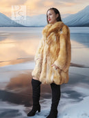 Tan shaggy fur hooded swing coat with open front and fitted shoulders, mid-thigh length