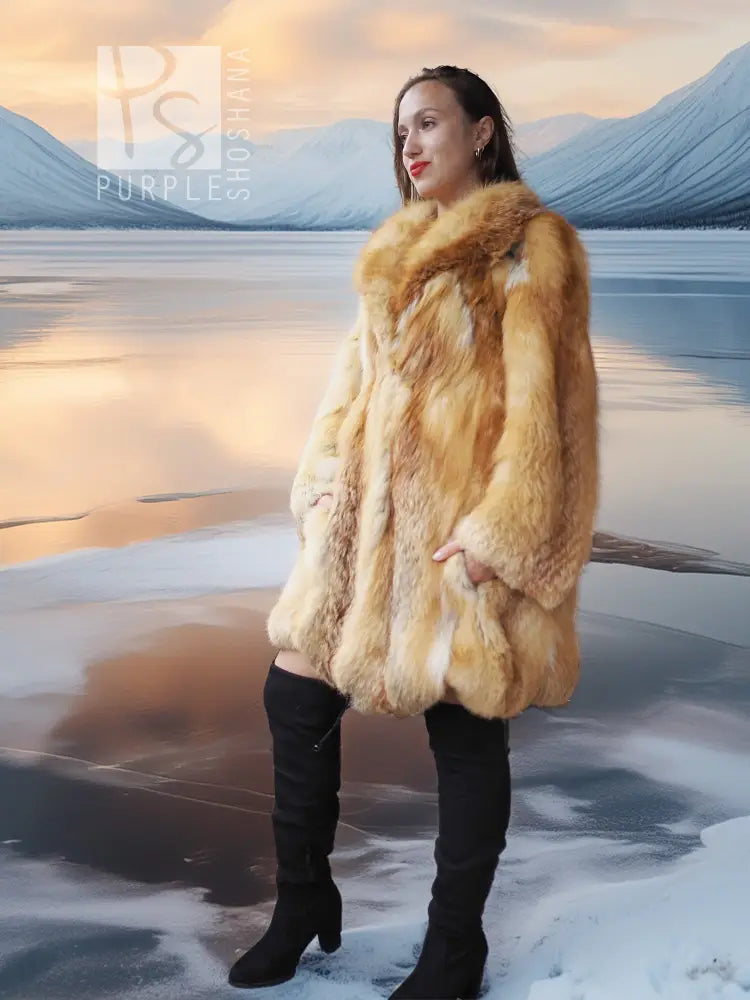 Tan shaggy fur hooded swing coat with open front and fitted shoulders, mid-thigh length