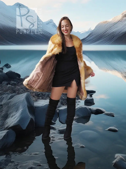 Fox-fur swing coat with draped sleeves and open front