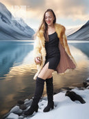 Tan-golden faux fox fur swing coat worn open, wide collar, flared hem; long sleeves