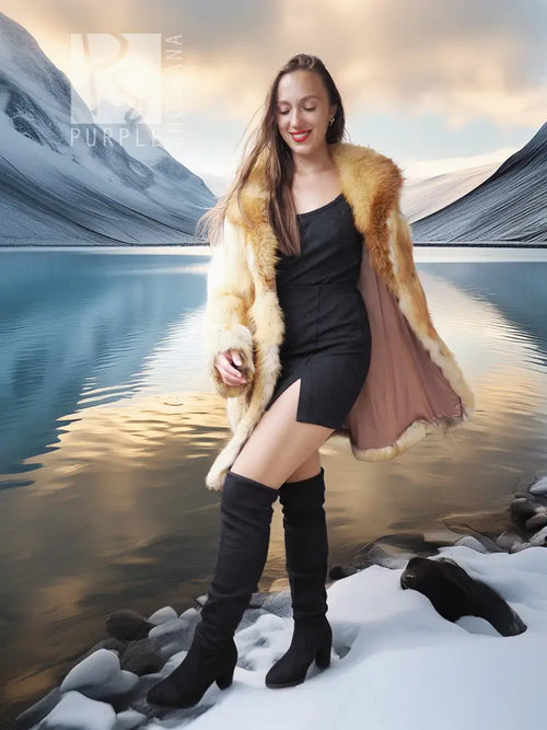 Tan-golden faux fox fur swing coat worn open, wide collar, flared hem; long sleeves