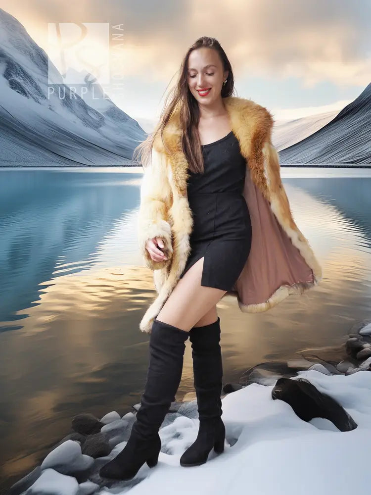Tan-golden faux fox fur swing coat worn open, wide collar, flared hem; long sleeves