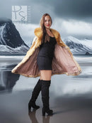 Tan shaggy fur hooded swing coat with open front and flared hem over a short black dress
