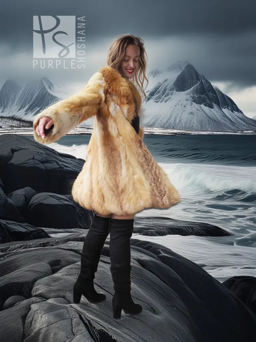 Long fox-fur swing jacket with pointed collar detail