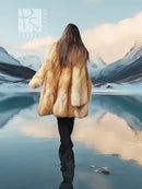 Back view of tan shaggy fur hooded swing coat with long sleeves, open front, mid-thigh length