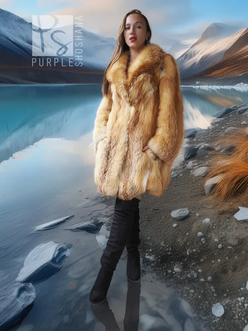 Faux fox fur swing coat in tan-golden, buttonless open front, long sleeves and wide collar