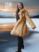 Tan-golden faux fox fur swing coat with large collar and flared skirt hem, long sleeves