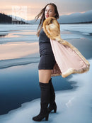 Faux fox fur swing coat with tan-golden fur trim, open front; skirt-length hem