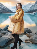 Faux fox fur swing coat in tan-golden with wide collar; side view over black boots