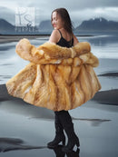 Faux fox fur swing coat with textured tan-golden fur and wide collar, full sleeves