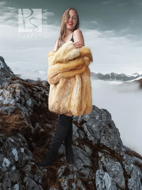 Tan shaggy fur hooded swing coat with full skirt shape, open front, long sleeves