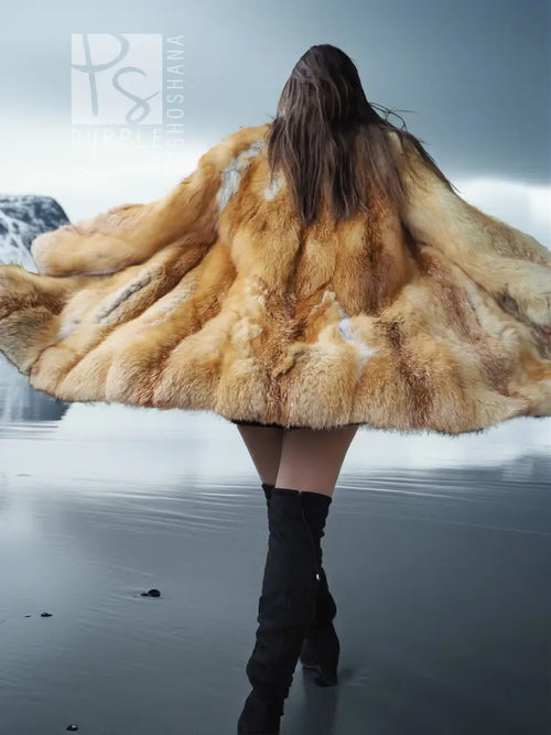 Vintage fox fur swing coat with hooded back and flared swing hem