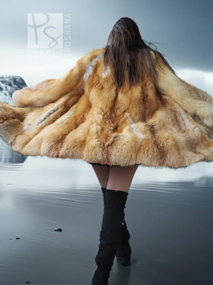 Vintage fox fur swing coat with hooded back and flared swing hem