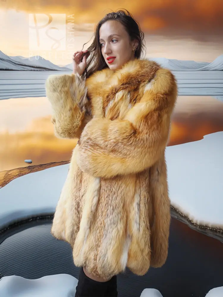 Faux fur swing coat with tan-gold shaggy texture and hood, open front, mid-thigh length