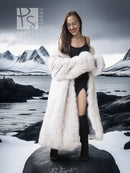 Cream faux-fur long coat with hood, front view with robe-like drape and open midsection