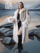 Cream faux-fur long coat with hooded collar and tied waist drawstring