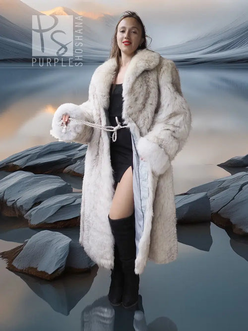 Cream faux-fur long coat with hooded collar and tied waist drawstring