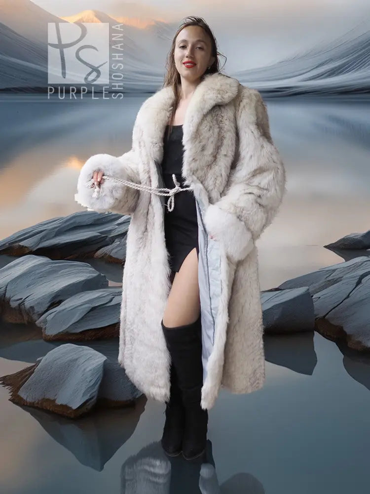 Cream faux-fur long coat with hooded collar and tied waist drawstring
