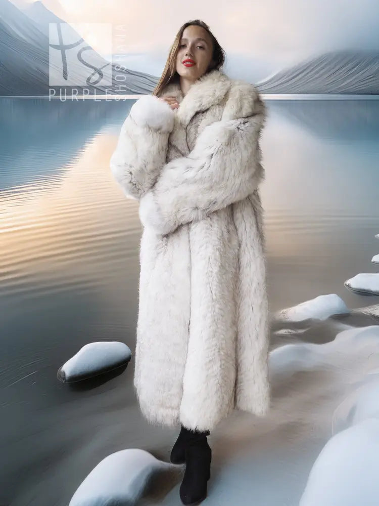 Light-colored fur coat with wide collar, full-length view with black boots