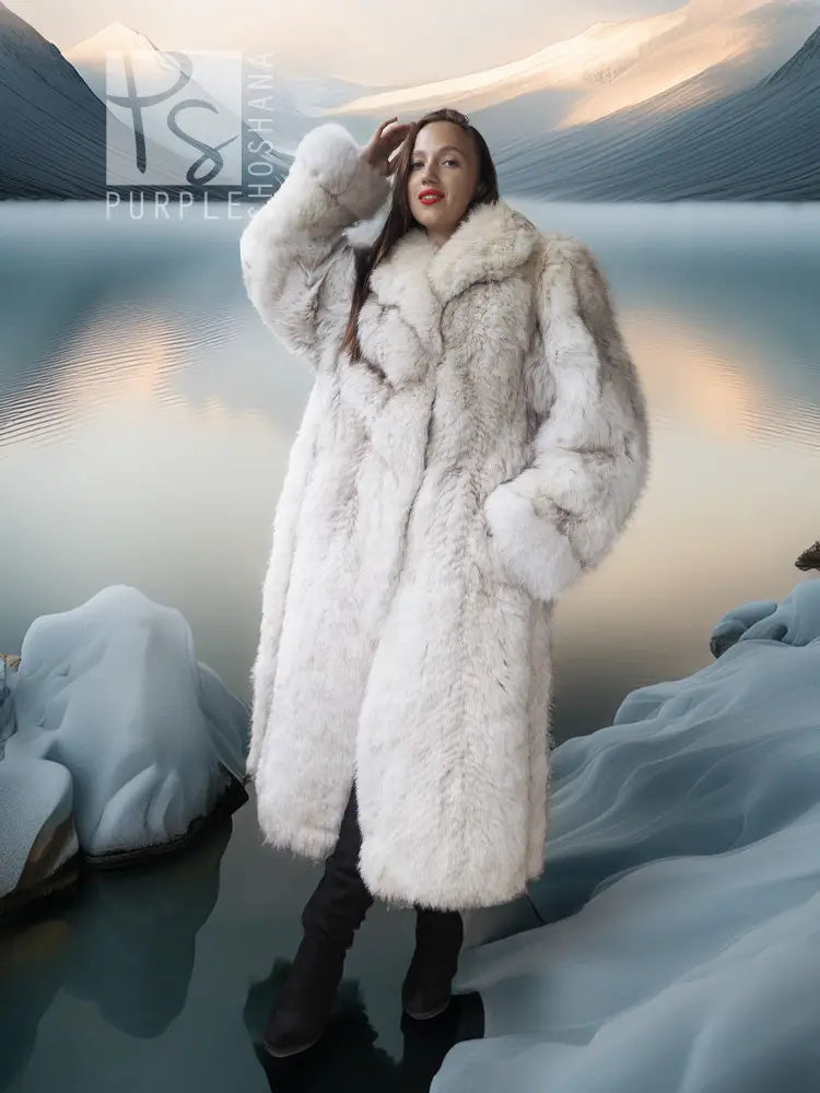 Light cream faux fur long coat with oversized collar and long sleeves