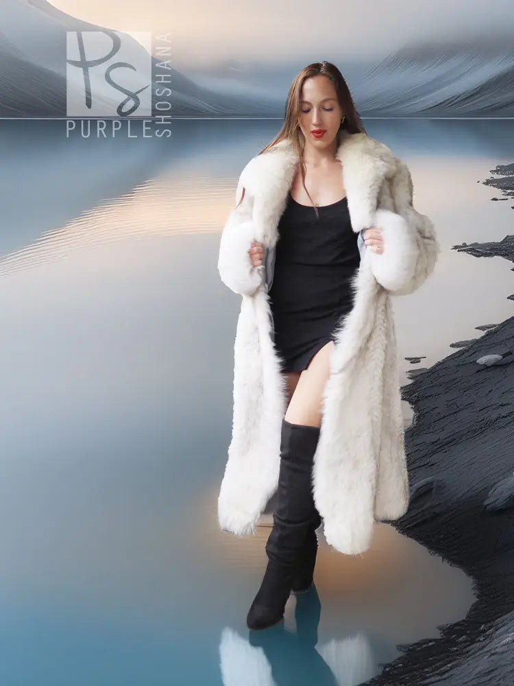 Light cream faux fur long coat with wide cuffs and layered collar detail
