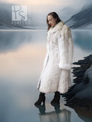 Light-colored fur coat with wide collar, shown from the side over black knee boots