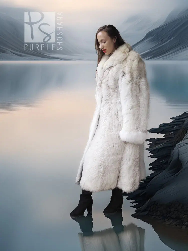 Light-colored fur coat with wide collar, shown from the side over black knee boots