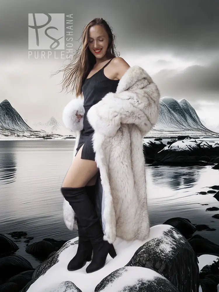 Light-colored fur coat with wide collar, styled with a black mini dress and boots