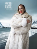 Cream faux-fur long coat with hood, thick collar and soft textured fur panels