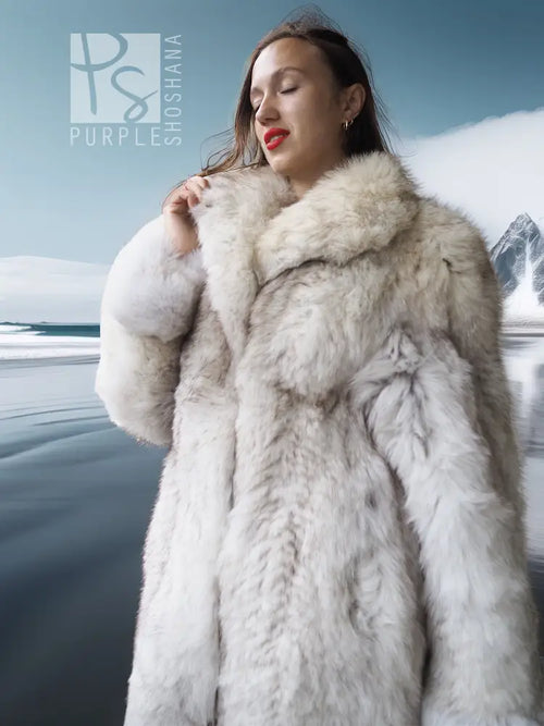 Light-colored fur coat with plush texture and wide collar, close-up styling
