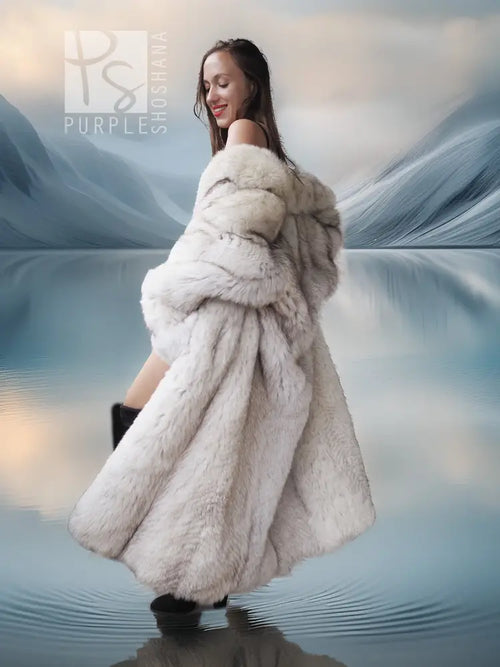 Light cream faux fur long coat with voluminous sleeves and raised collar