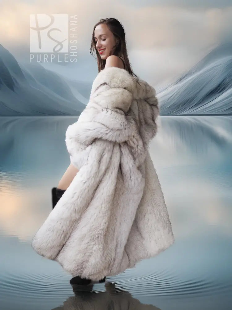 Light cream faux fur long coat with voluminous sleeves and raised collar