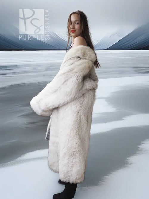 Light-colored fur coat with wide collar, side profile with black mini dress and boots