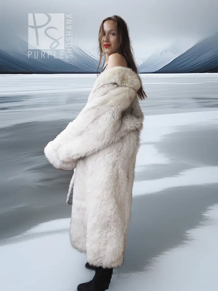 Light-colored fur coat with wide collar, side profile with black mini dress and boots