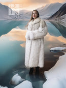 Light-colored fur coat with wide collar, front view over black dress and boots