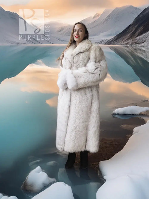Light-colored fur coat with wide collar, front view over black dress and boots