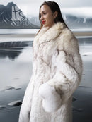 Cream faux-fur long coat with hood, textured fur panels, buttonless open front