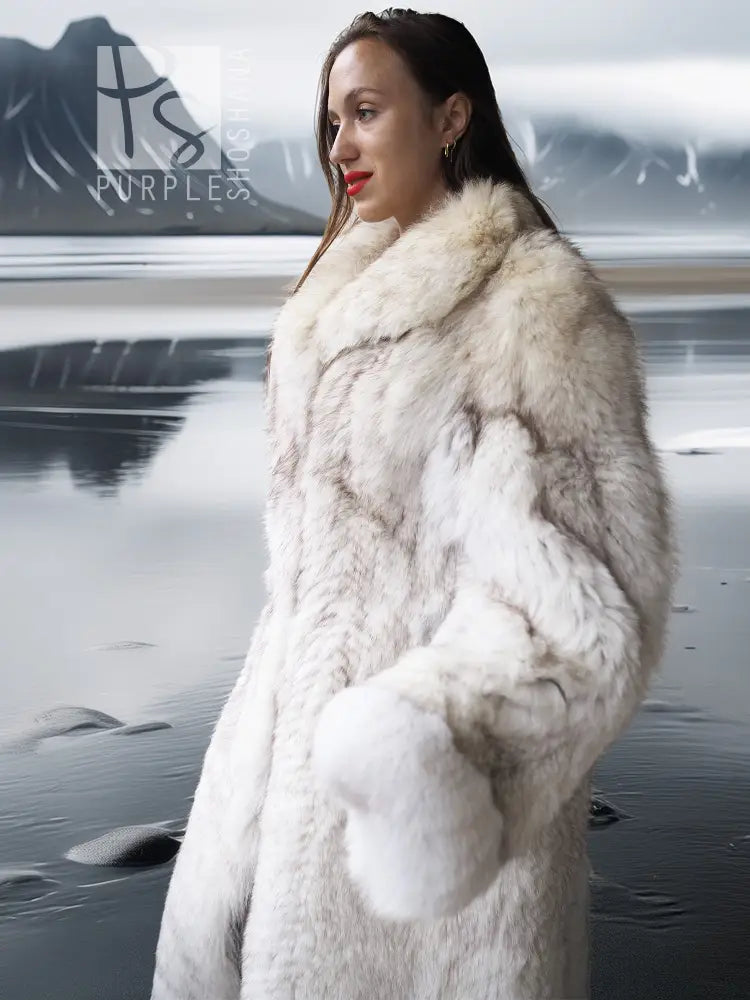 Cream faux-fur long coat with hood, textured fur panels, buttonless open front