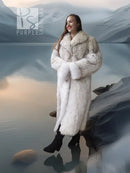 Light cream faux fur long coat with plush texture and long sleeves